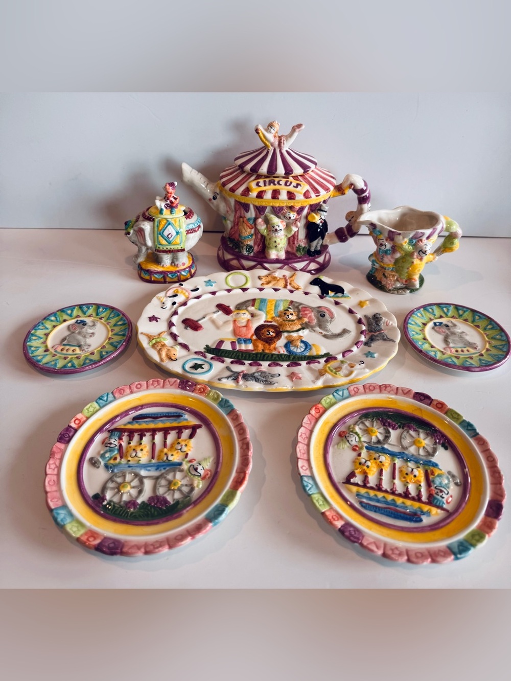 Vintage 1995 Mercuries Circus Theme Ceramic Tea Set 8 Pieces Hand-Painted